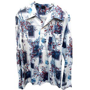 Vintage 70s floral white button down long sleeve shirt Large